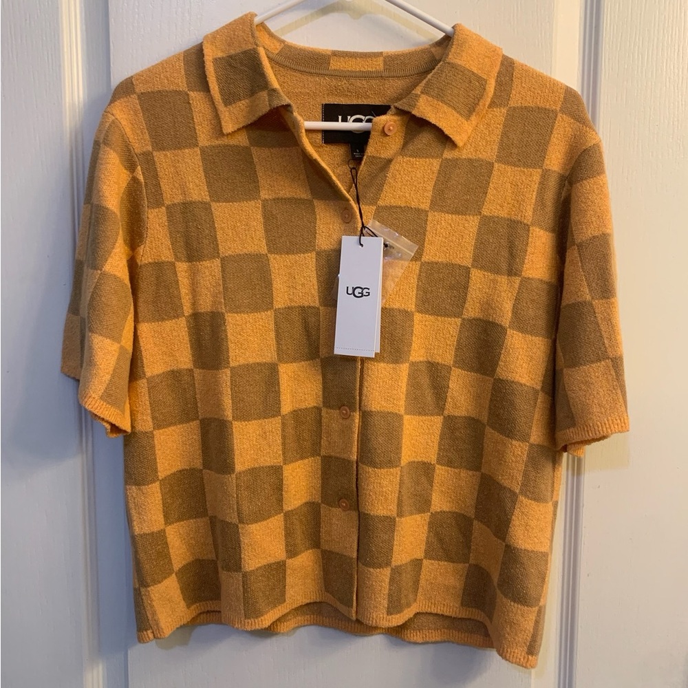 UGG Checkered Orange and Brown Knit Jeannie Button Up Sweater Top Size Small NWT - Picture 2 of 6